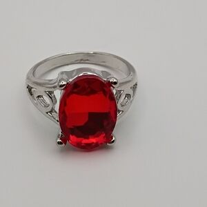 Elegant Silver Ring with Red Gemstone U.S Size 8.5